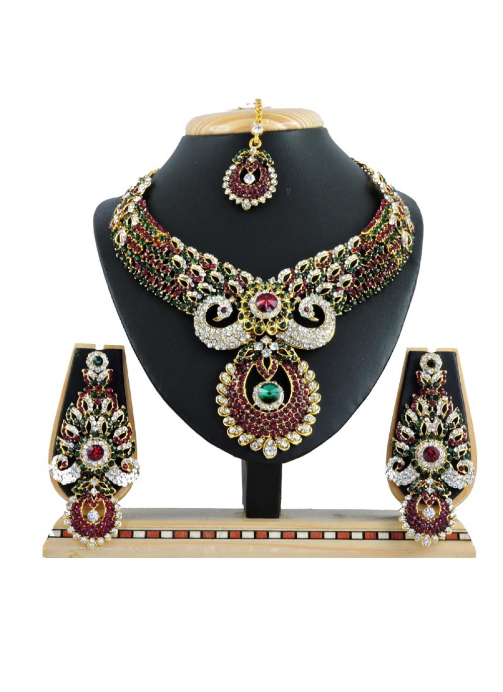 Dignified Alloy Stone Work Green and Maroon Gold Rodium Polish Necklace Set