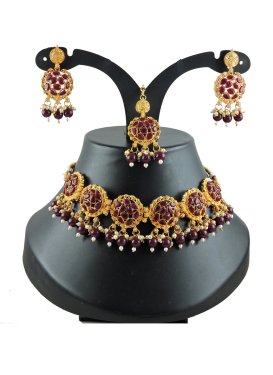 Dignified Beads Work Burgundy and Gold Gold Rodium Polish Necklace Set