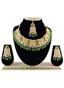 Dignified Beads Work Olive and White Necklace Set