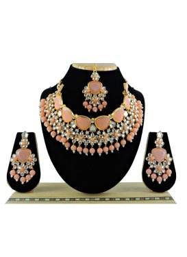 Dignified Beads Work Peach and White Necklace Set