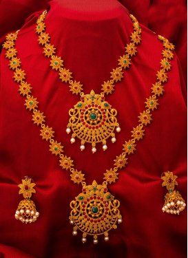 Dignified Gold and Green Gold Rodium Polish Beads Work Necklace Set