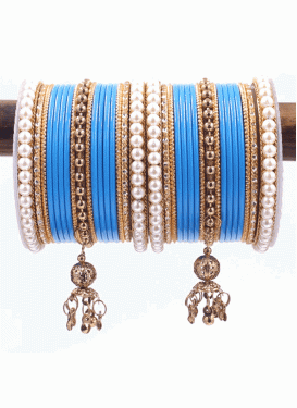 Dignified Gold and Light Blue Gold Rodium Polish Bangles For Festival