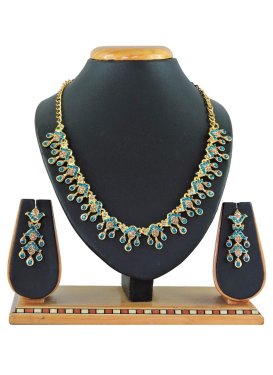 Dignified Gold and Teal Gold Rodium Polish Beads Work Necklace Set