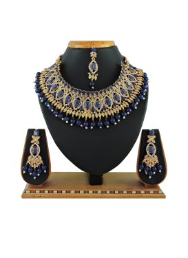 Dignified Gold Rodium Polish Beads Work Navy Blue and White Necklace Set for Festival