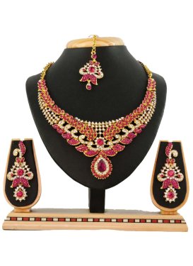 Dignified Gold Rodium Polish Rose Pink and White Stone Work Necklace Set