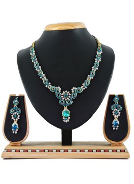 Dignified Gold Rodium Polish Stone Work Teal and White Necklace Set for Ceremonial