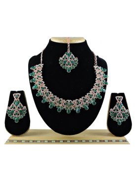 Dignified Green and White Alloy Gold Rodium Polish Necklace Set For Party