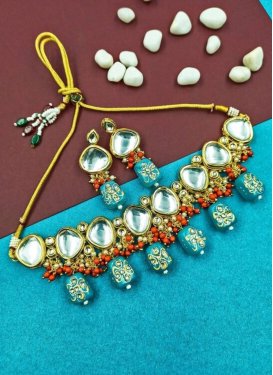 Dignified Moti Work Firozi and Orange Necklace Set