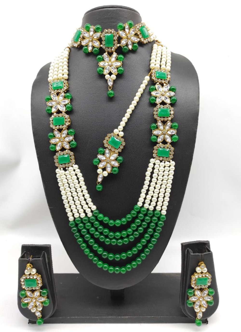 Dignified Moti Work Green and White Gold Rodium Polish Necklace Set