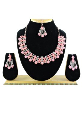 Dignified Pink and White Gold Rodium Polish Stone Work Necklace Set