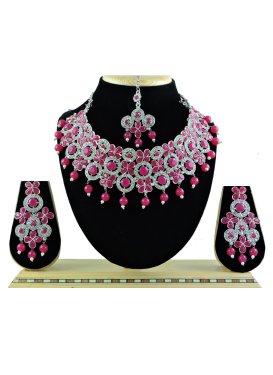 Dignified Rose Pink and White Beads Work Alloy Silver Rodium Polish Necklace Set