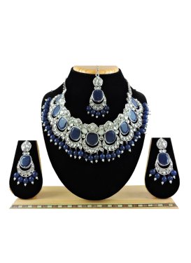 Dignified Silver Rodium Polish Navy Blue and White Necklace Set For Festival