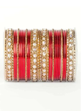 Dignified Stone Work Off White and Red Gold Rodium Polish Bangles
