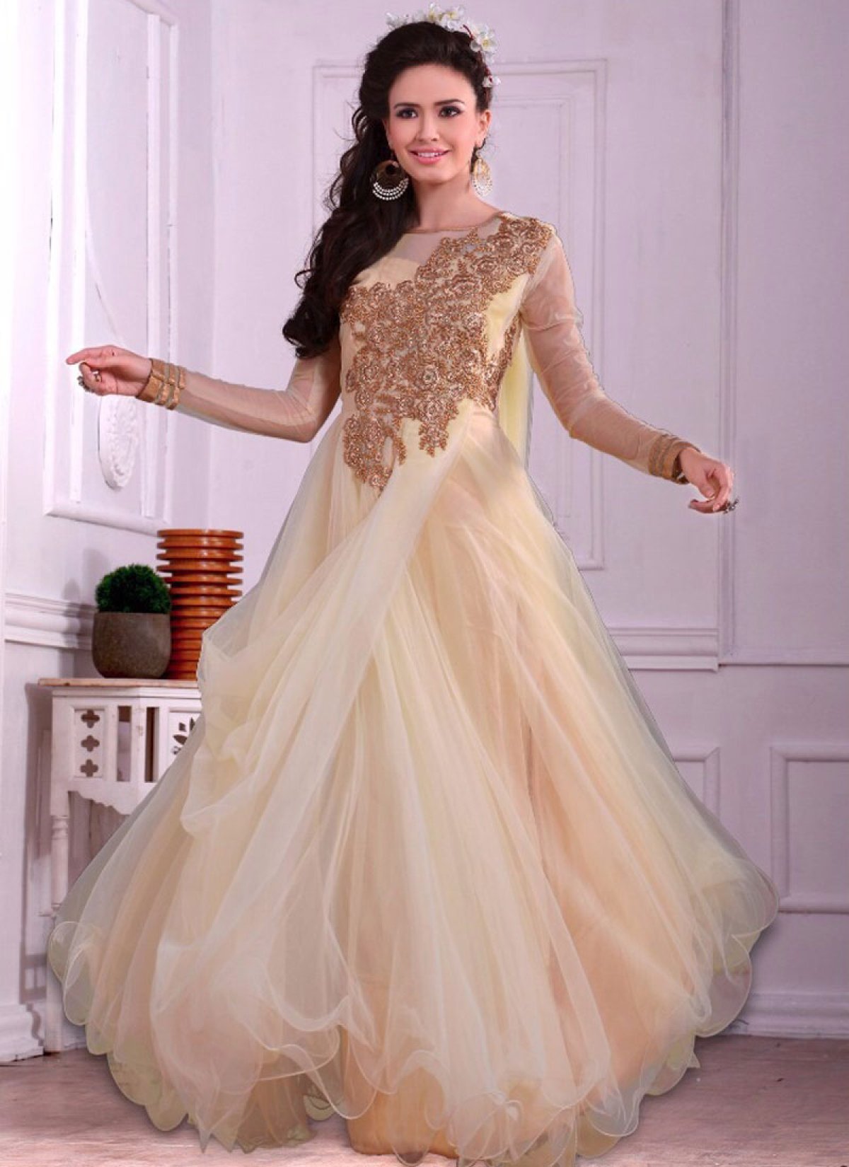 Dilettante Cream Color Stone Work Designer Readymade Gown