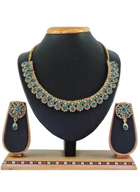 Divine Alloy Gold and Light Blue Beads Work Necklace Set