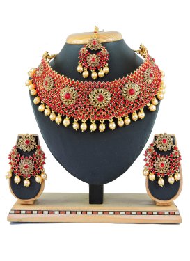 Divine Alloy Gold and Red Moti Work Necklace Set