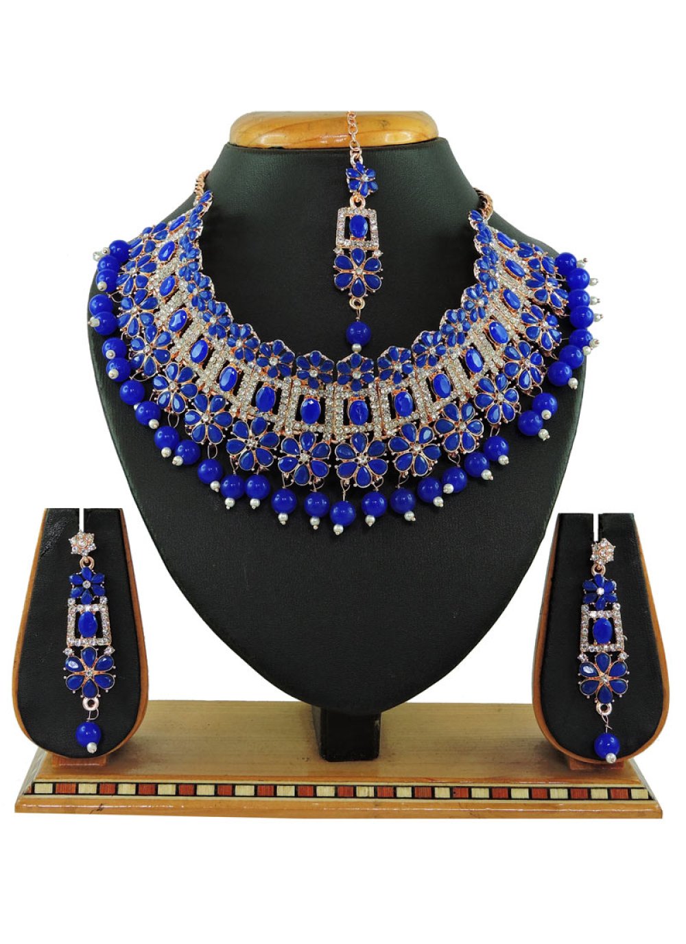 Divine Beads Work Blue and White Necklace Set for Bridal