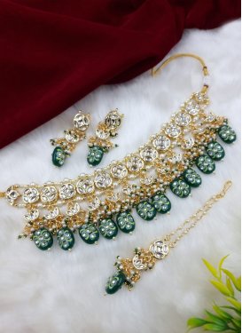 Divine Beads Work Bottle Green and Off White Alloy Necklace Set