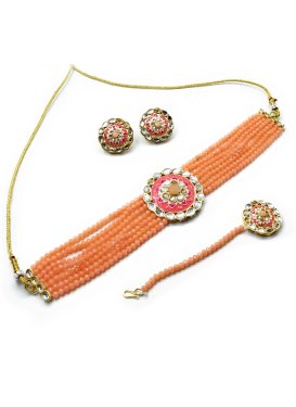 Divine Beads Work Orange and White Gold Rodium Polish Necklace Set