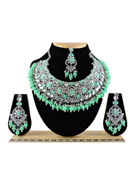 Divine Beads Work Sea Green and Silver Color Silver Rodium Polish Necklace Set