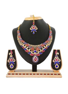 Divine Blue and Rose Pink Stone Work Necklace Set For Bridal