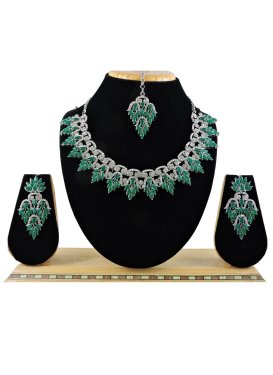 Divine Bottle Green and Silver Color Silver Rodium Polish Necklace Set For Festival