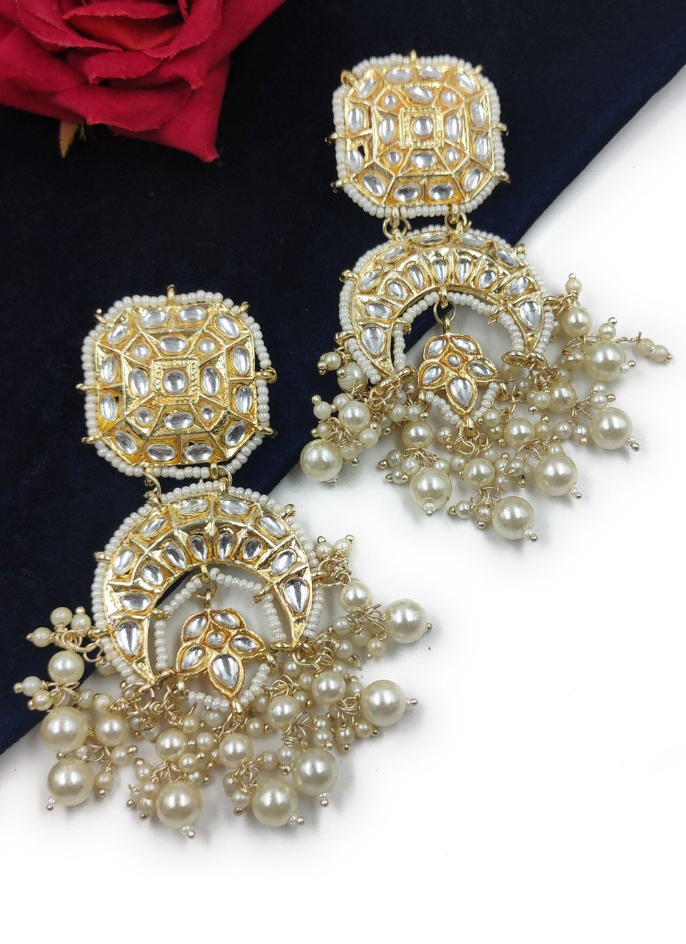 Divine Cream and White Beads Work Earrings For Ceremonial
