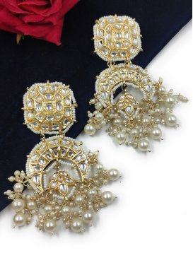 Divine Cream and White Beads Work Earrings For Ceremonial