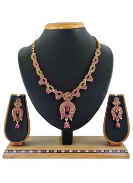 Divine Gold and Hot Pink Stone Work Gold Rodium Polish Necklace Set