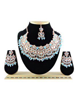Divine Gold Rodium Polish Beads Work Light Blue and White Necklace Set for Party