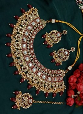 Divine Gold Rodium Polish Maroon and White Necklace Set For Bridal