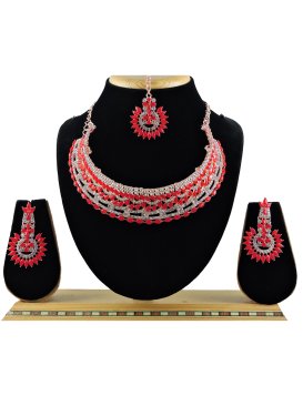 Divine Gold Rodium Polish Stone Work Red and White Necklace Set for Festival
