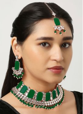 Divine Green and White Gold Rodium Polish Necklace Set For Festival