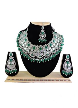 Divine Green and White Silver Rodium Polish Beads Work Necklace Set
