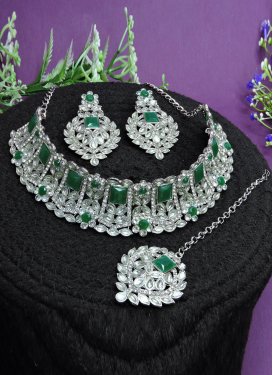 Divine Green and White Stone Work Silver Rodium Polish Necklace Set
