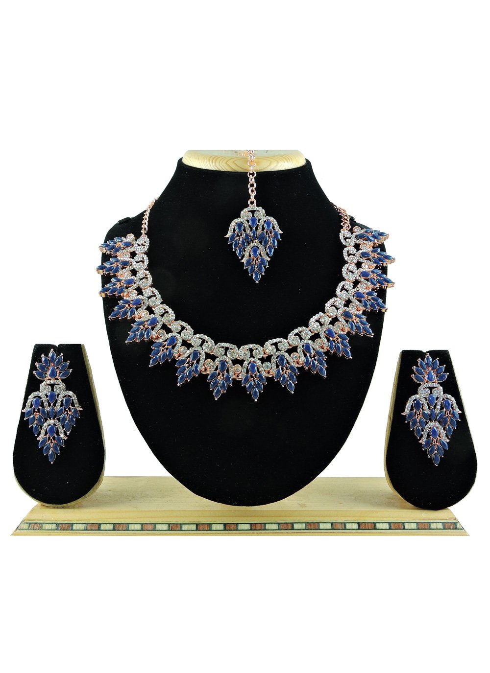 Divine Navy Blue and Silver Color Stone Work Silver Rodium Polish Necklace Set