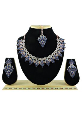 Divine Navy Blue and Silver Color Stone Work Silver Rodium Polish Necklace Set