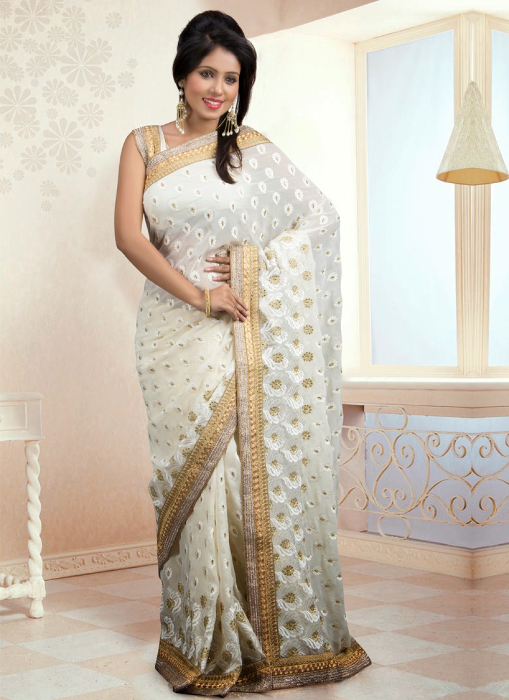 Off White Fancy Fabric Saree and Off White Fancy Fabric Sari Online Shopping