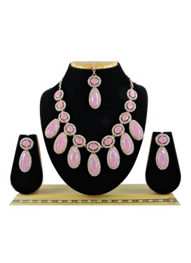 Divine Pink and White Stone Work Necklace Set For Festival