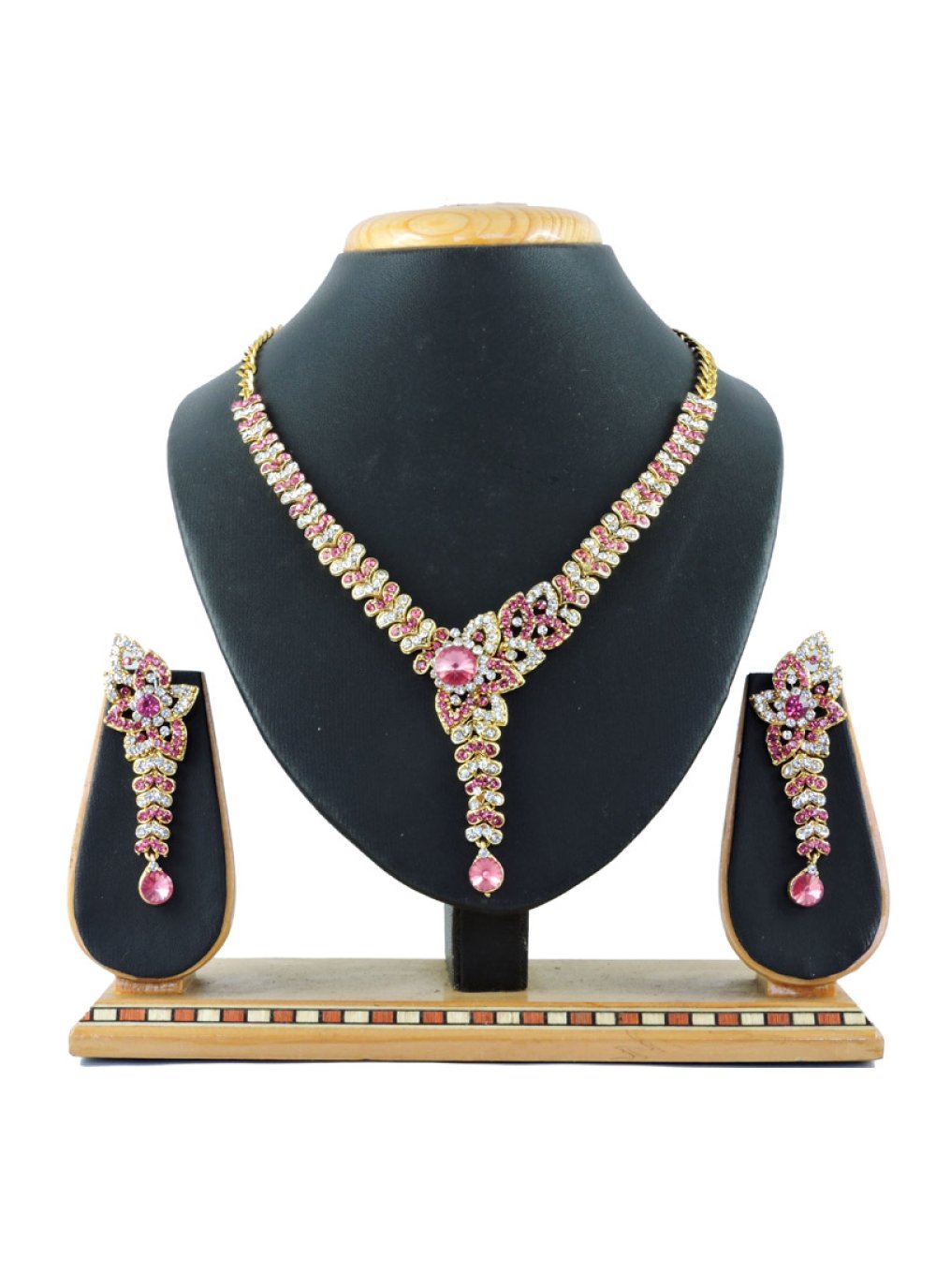 Divine Stone Work Pink and White Gold Rodium Polish Necklace Set