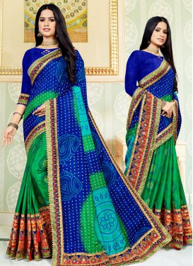 Dola Silk Bandhej Print Work Blue and Green Half N Half Saree