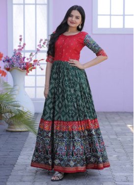 Dola Silk Bottle Green and Red Foil Print Work Readymade Trendy Gown