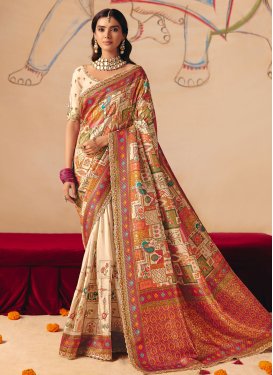 Dola Silk Classic Saree in Cream with Embroidered Work for Women