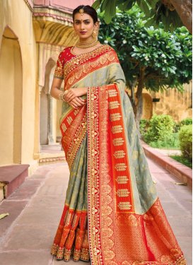 Dola Silk Grey and Red Embroidered Work Traditional Saree