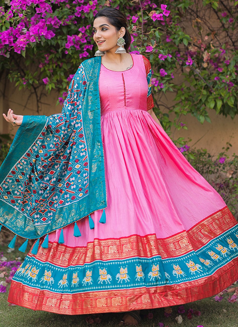 Dola Silk Hot Pink and Teal Readymade Long Length Gown