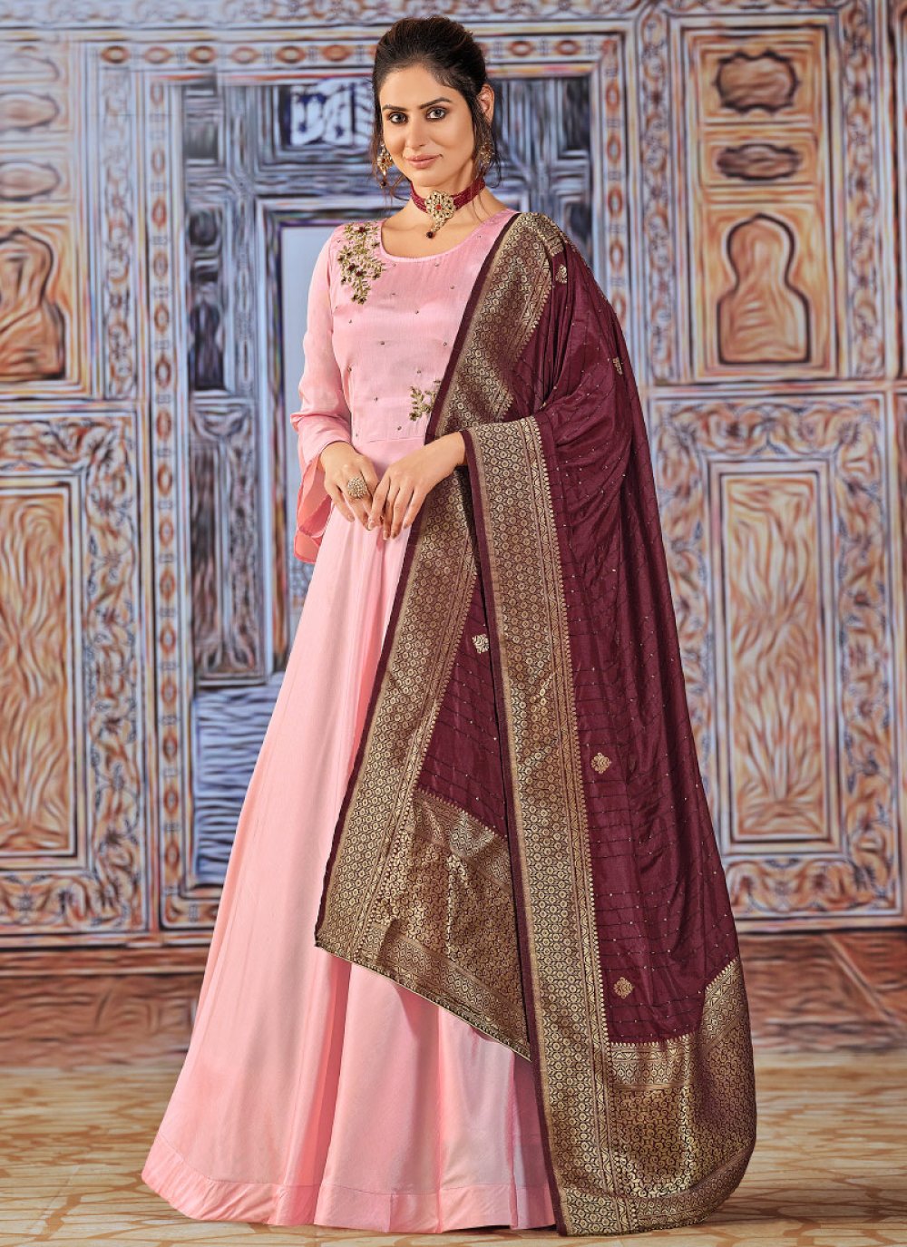 Dola Silk Maroon and Pink Embroidered Work Readymade Designer Gown