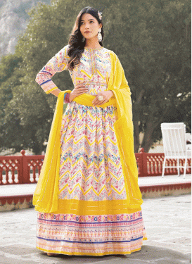 Dola Silk Off White and Yellow Readymade Long Length Gown