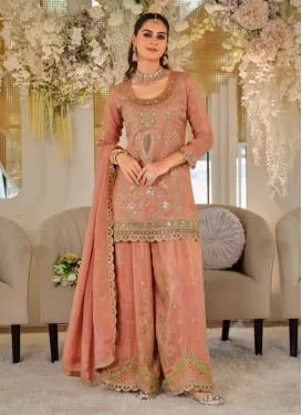Dola Silk Palazzo Suit with Embroidered Work in Peach for Festival