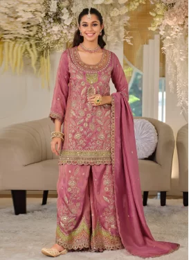 Dola Silk Palazzo Suit with Embroidered Work in Pink for Party