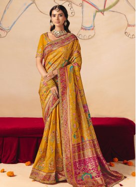 Dola Silk Traditional Saree with Embroidered Work in Mustard
